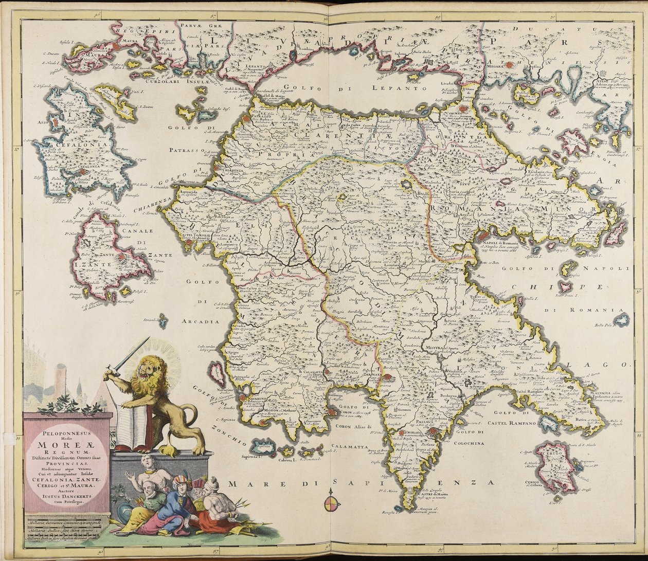 Peloponnesos hodie Moreae regnum differentcté divisum in omnes suas provincias hodiernas atque veteres cui et adiunguntur insulae Cefalonia, Zante, Cerigo et S.t Maura / auctore Iustus Danckerts tekijältä Justus Danckerts