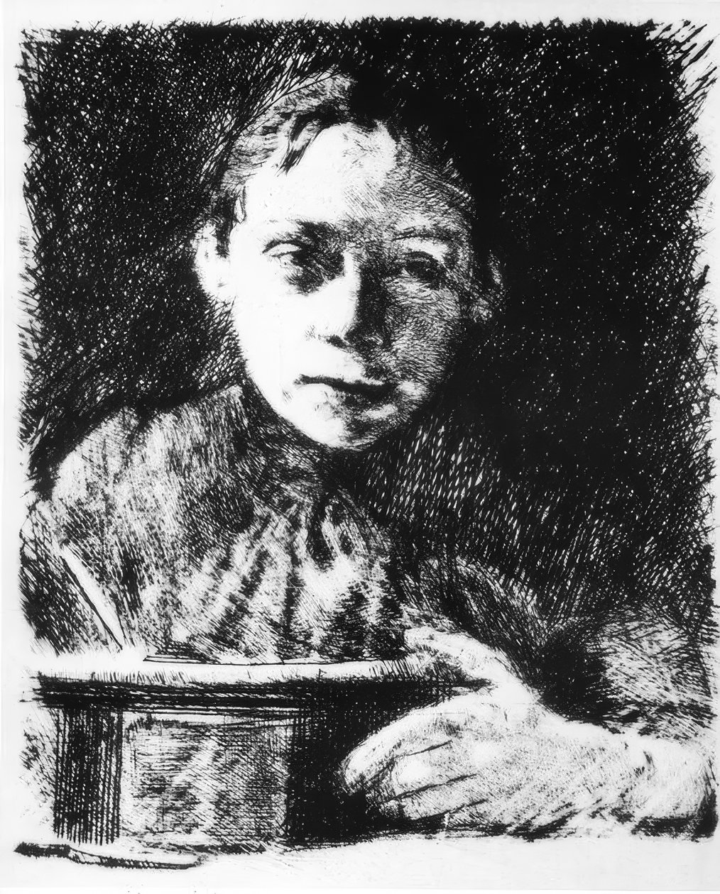 Omakuva piirustuspöydällä tekijältä Käthe Kollwitz