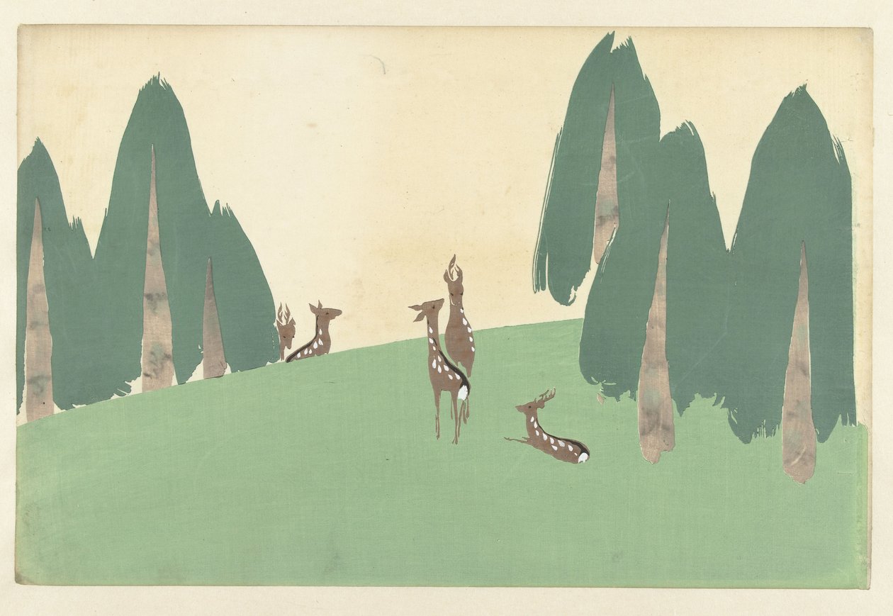 Kasugano-hirvi, 1909 (puupainatus) tekijältä Kamisaka Sekka