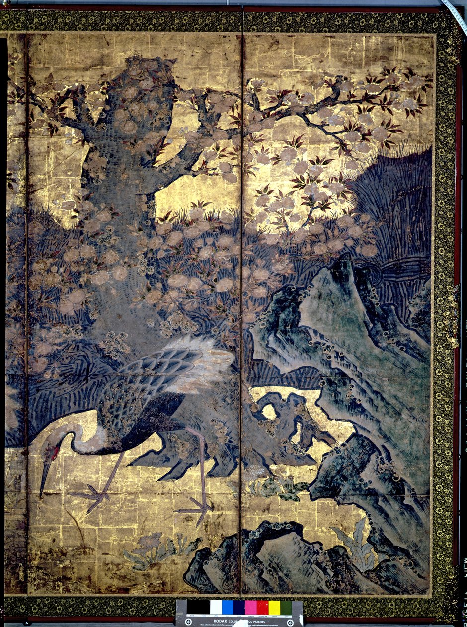 Neljän vuodenajan linnut ja kukat (kynä ja muste, väri, kultapaperi paneelissa) (katso 216555, 216554) tekijältä Kano Soshu