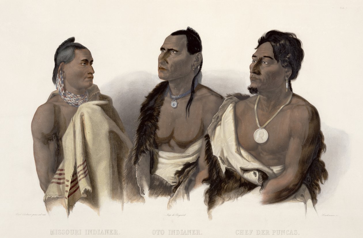 Missouri-intiaani, Oto-intiaani ja Puncojen päällikkö, levy 7 julkaisusta "Travels in the Interior of North America", kaiverrettu J. Hurlimann, 1844 (akvatinta) tekijältä Karl Bodmer