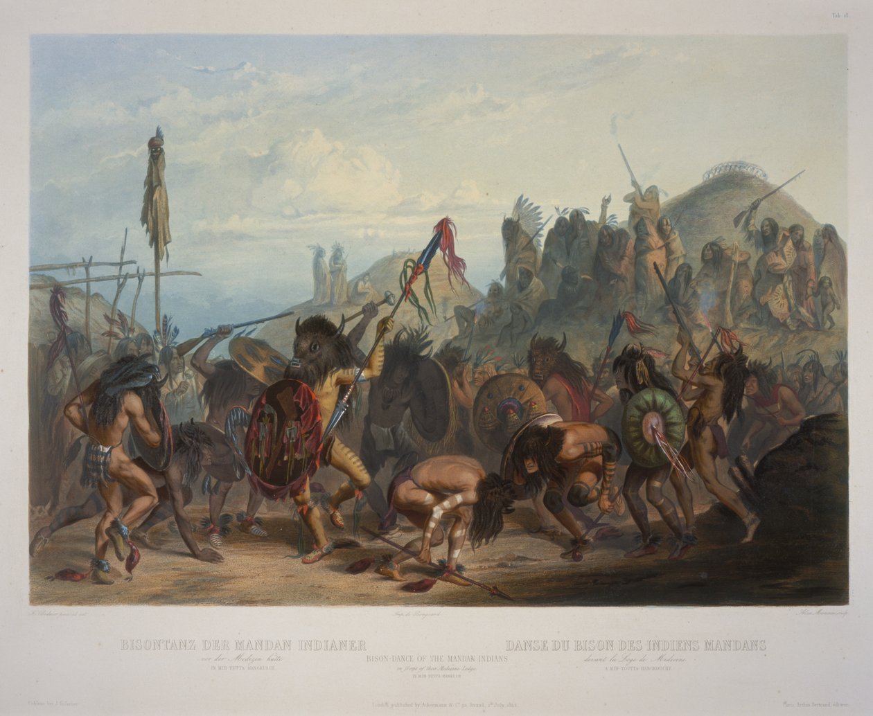 Mandan-intiaanien biisonitanssi heidän lääkemajansa edessä. tekijältä Karl Bodmer