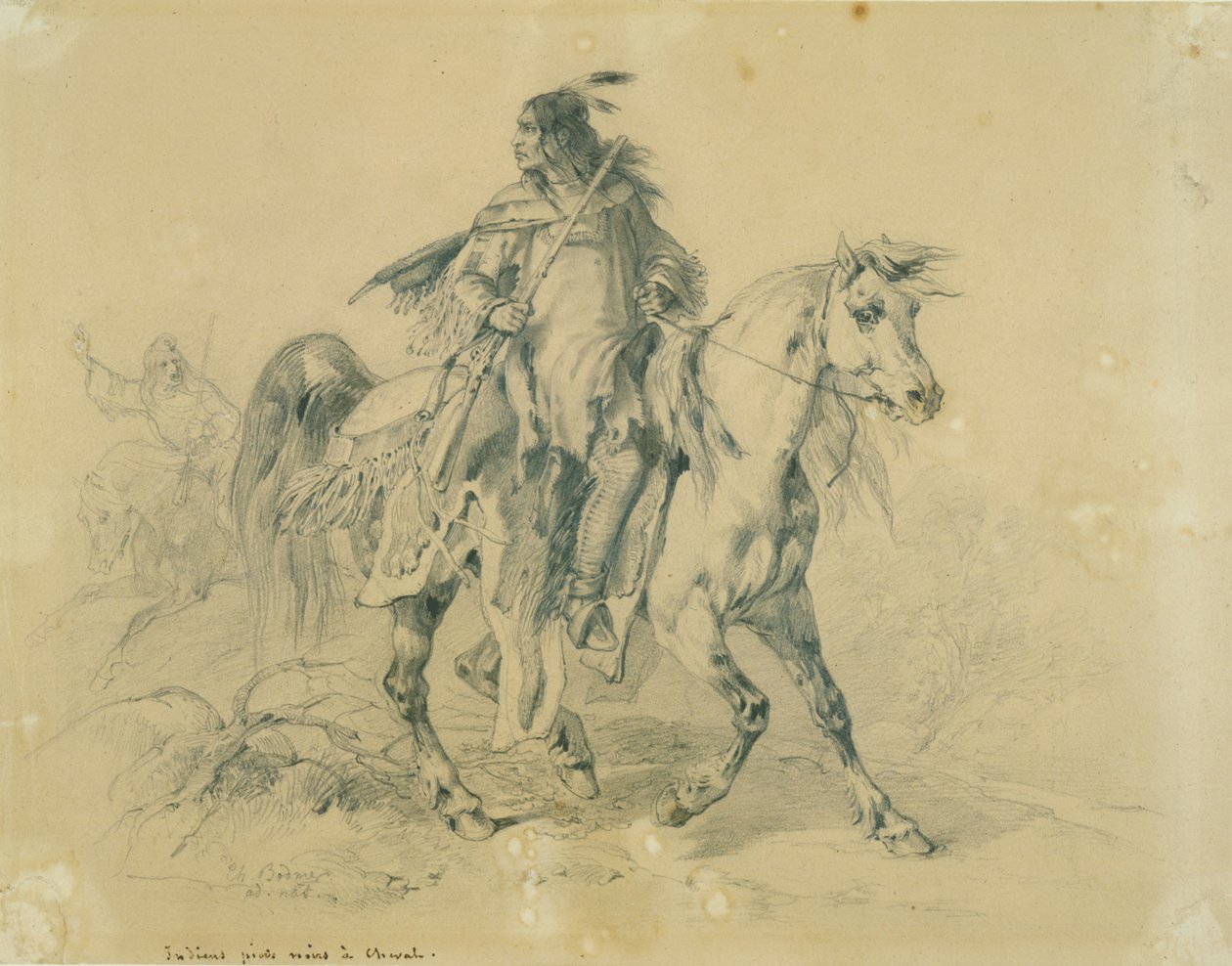 Blackfeet soturi hevosen selässä, n. 1833-43 (kynä, kynä ja wc paperilla) tekijältä Karl Bodmer