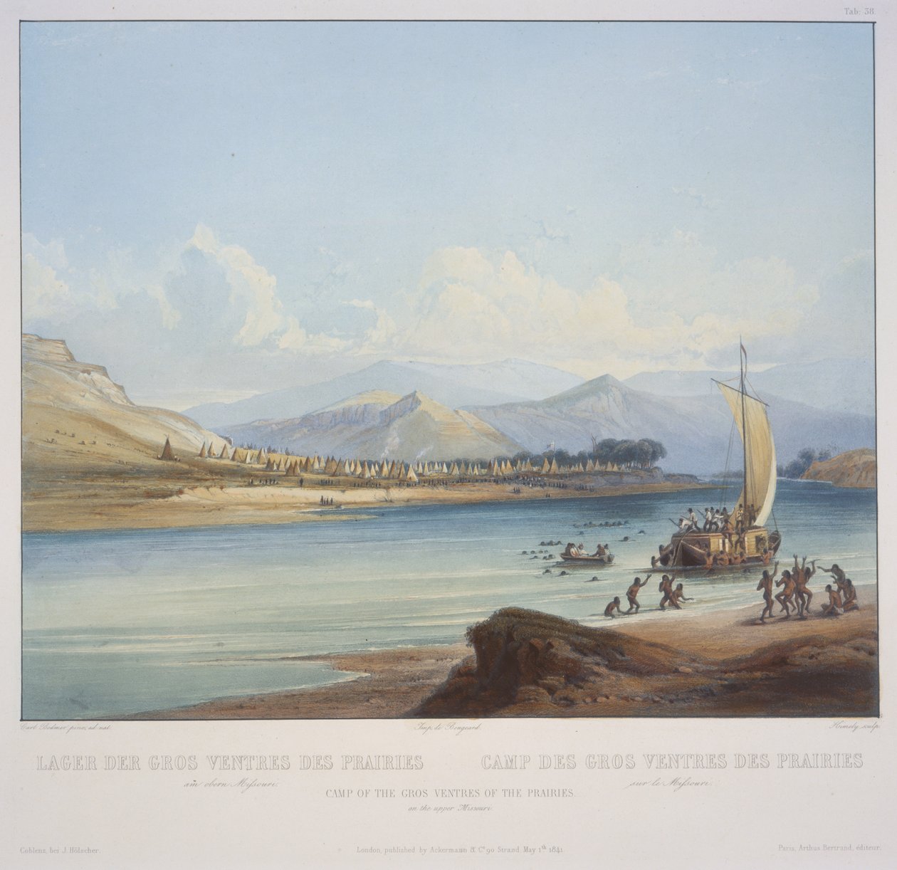 Camp of the Gros Ventres of the Prairies Ylä-Missourissa, kaiverrus S. Himely, julkaistu vuonna 1841 (akvatinta) tekijältä Karl Bodmer
