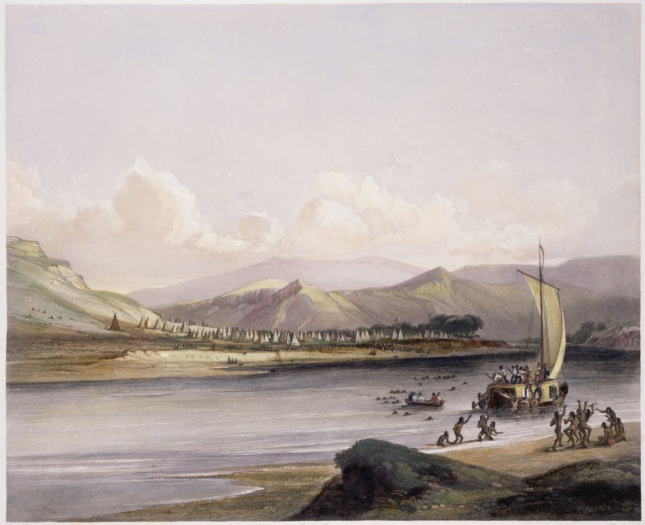 Gros Ventres of the Prairies -leiri Ylä-Missourissa, levy 38 kirjan "Travels in the Interior of North America" osasta 2, kaiverrus Sigismond Himely (1801-72) 1844 (akvatinta) tekijältä Karl Bodmer
