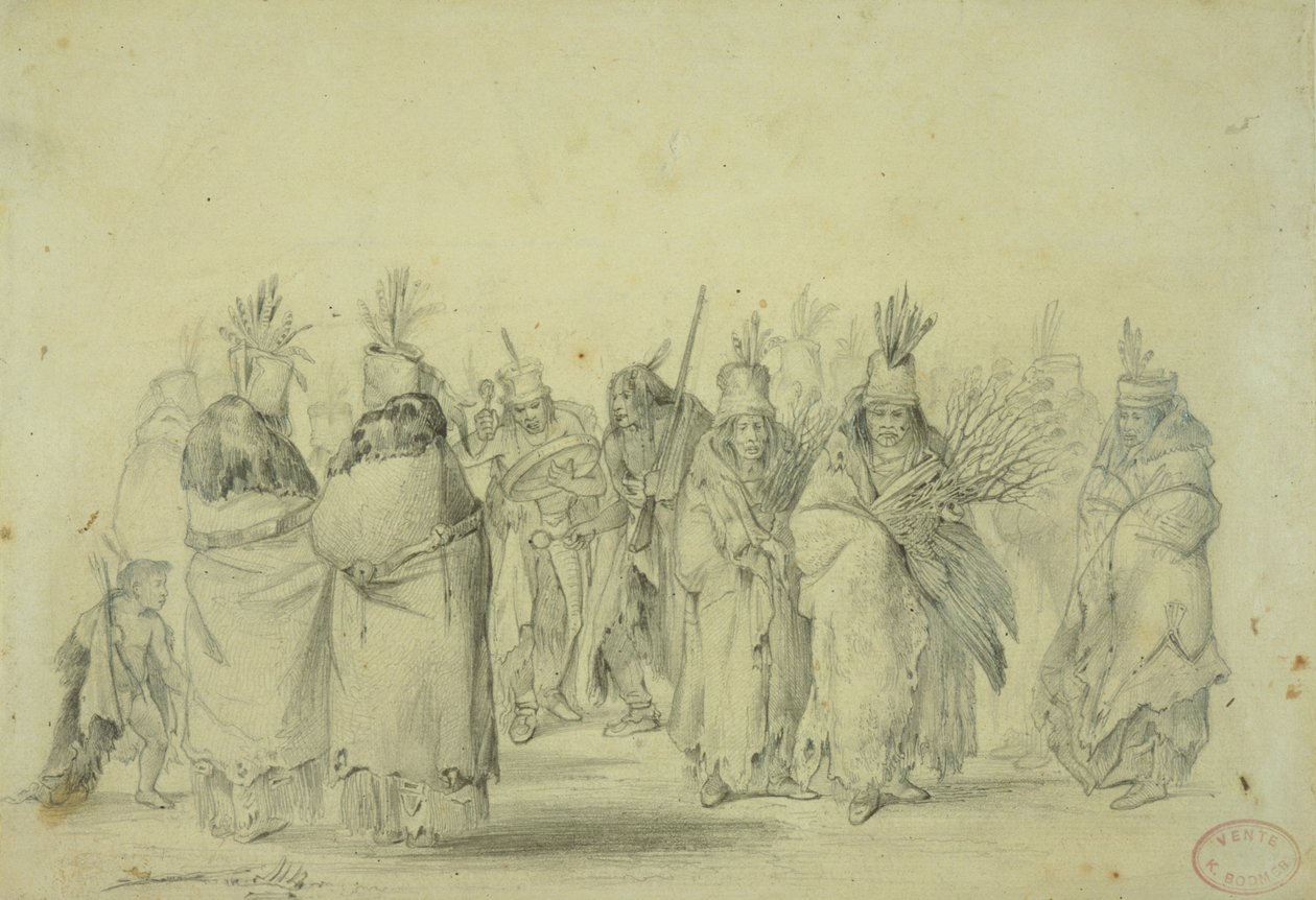 Mandan-naisten tanssi, n. 1833-43 (kynä, kynä ja wc paperilla) tekijältä Karl Bodmer