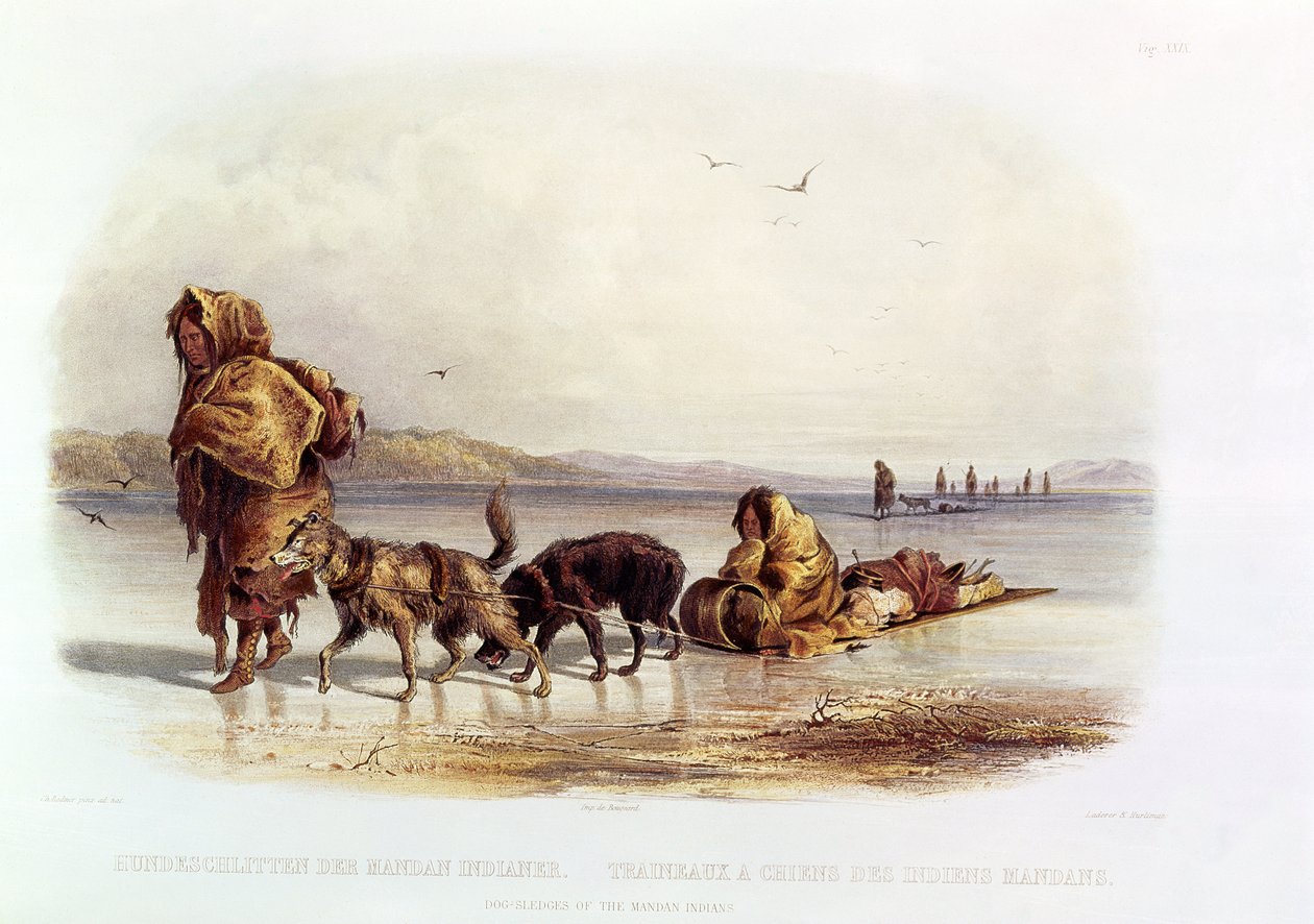 Mandan-intiaanien koiravaljakot tekijältä Karl Bodmer