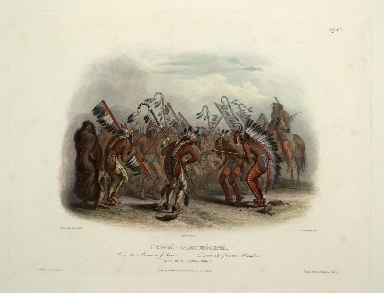 Ischohä-Kakoschochatä Mandan-intiaanien tanssi tekijältä Karl Bodmer