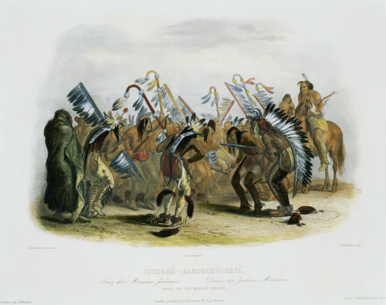 Ischoha-Kakoschochata, Mandan-intiaanien tanssi, levy 25 kirjan "Travels in the Interior of North America" osasta 1, kaiverrus Narcisse Desmadryl, 1843 (akvatinta) tekijältä Karl Bodmer