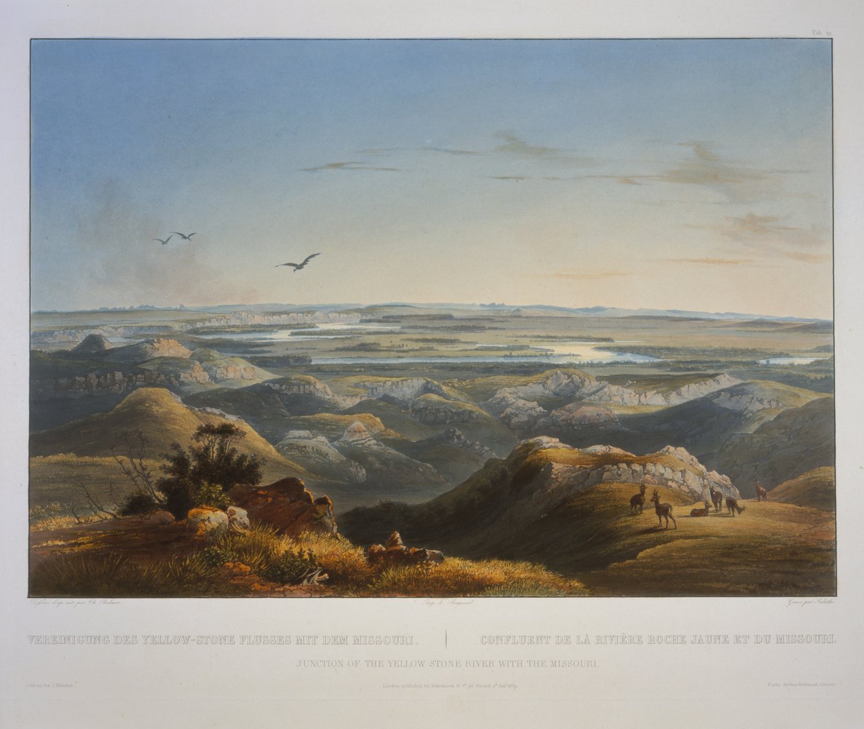 Yellowstone-joen ja Missouri-joen yhtymäkohta. tekijältä Karl Bodmer