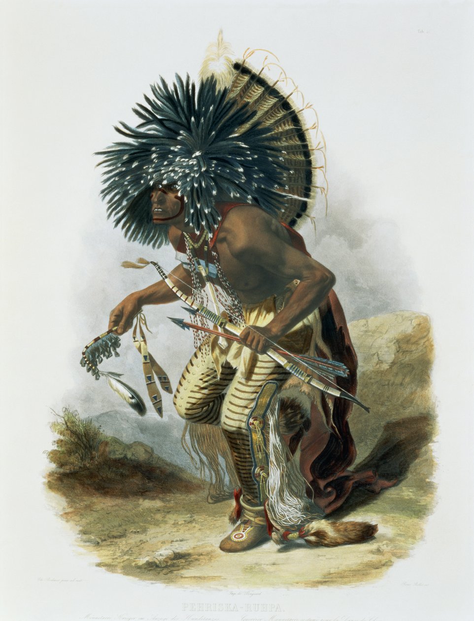 Pehriska-Ruhpa, Minatarre-soturi koiratanssin puvussa, levy 23 "Travels in the Interior of North America" -julkaisun 2. osasta, kaiverrus Rene Rollet, 1844 (akvatinta) tekijältä Karl Bodmer