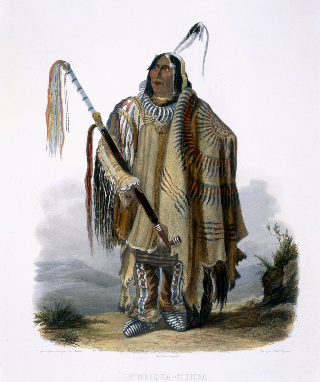 Pehriska-Ruhpa, minatari- tai isovatsainen intiaani, levy 17 kirjan "Travels in the Interior of North America" 2. osasta, kaiverrus Paul Legrand, 1844 (akvatinta) tekijältä Karl Bodmer