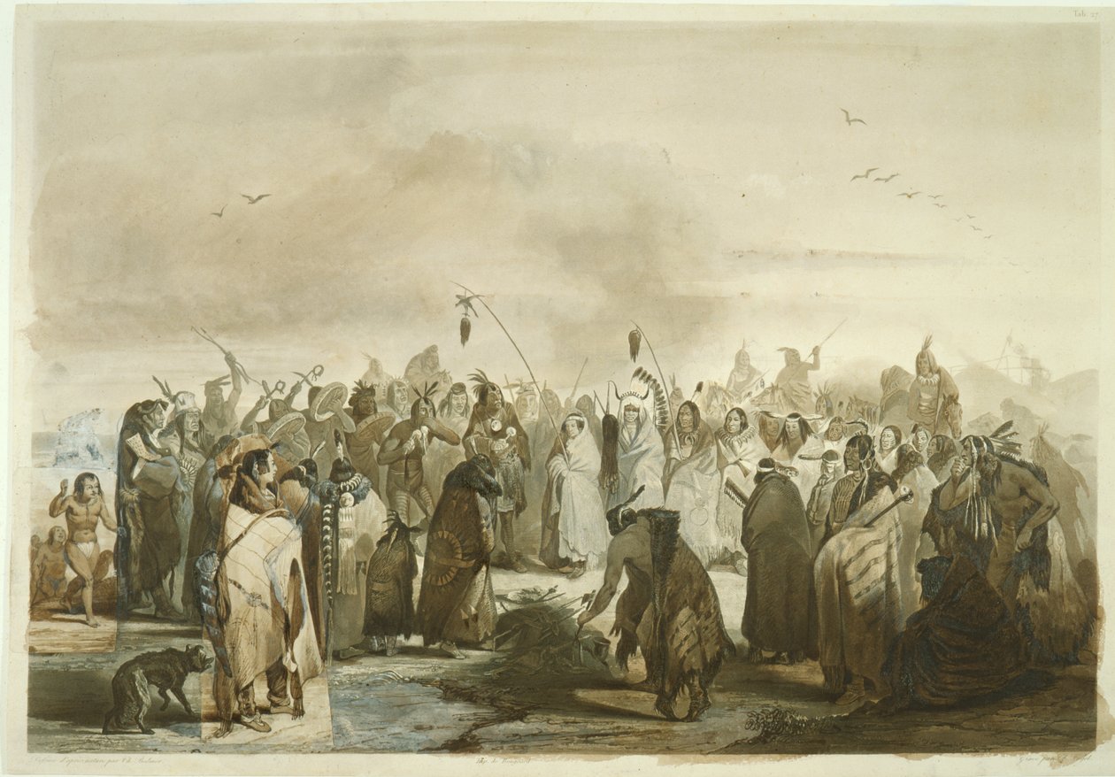 Minatarresin päänahan tanssi, n.1833-43 (lyijykynä, kynä ja wc paperille) tekijältä Karl Bodmer