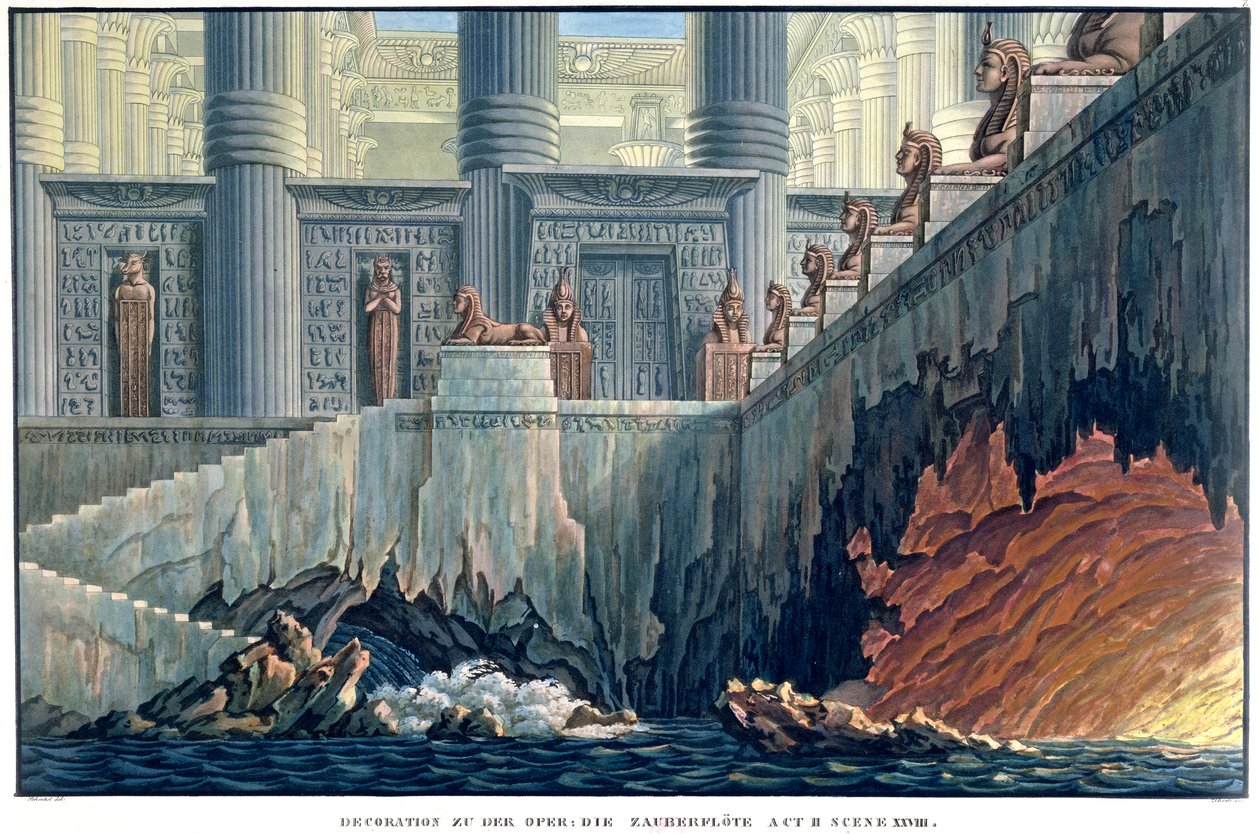 Egyptiläinen lavastus II näytökseen, kohtaus xxviii Wolfgang Amadeus Mozartin (1756-91) ooppera "Taikahuilu" tekijältä Karl Friedrich Schinkel