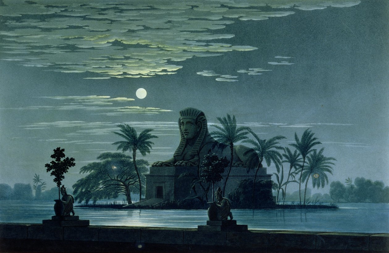 Puutarhakohtaus Sfinksin kanssa kuunvalossa, II näytös 3, lavastus Wolfgang Amadeus Mozartin (1756-91) "Taikahuilulle" Berliinin oopperatalolle, 1816, tekijältä Karl Friedrich Schinkel