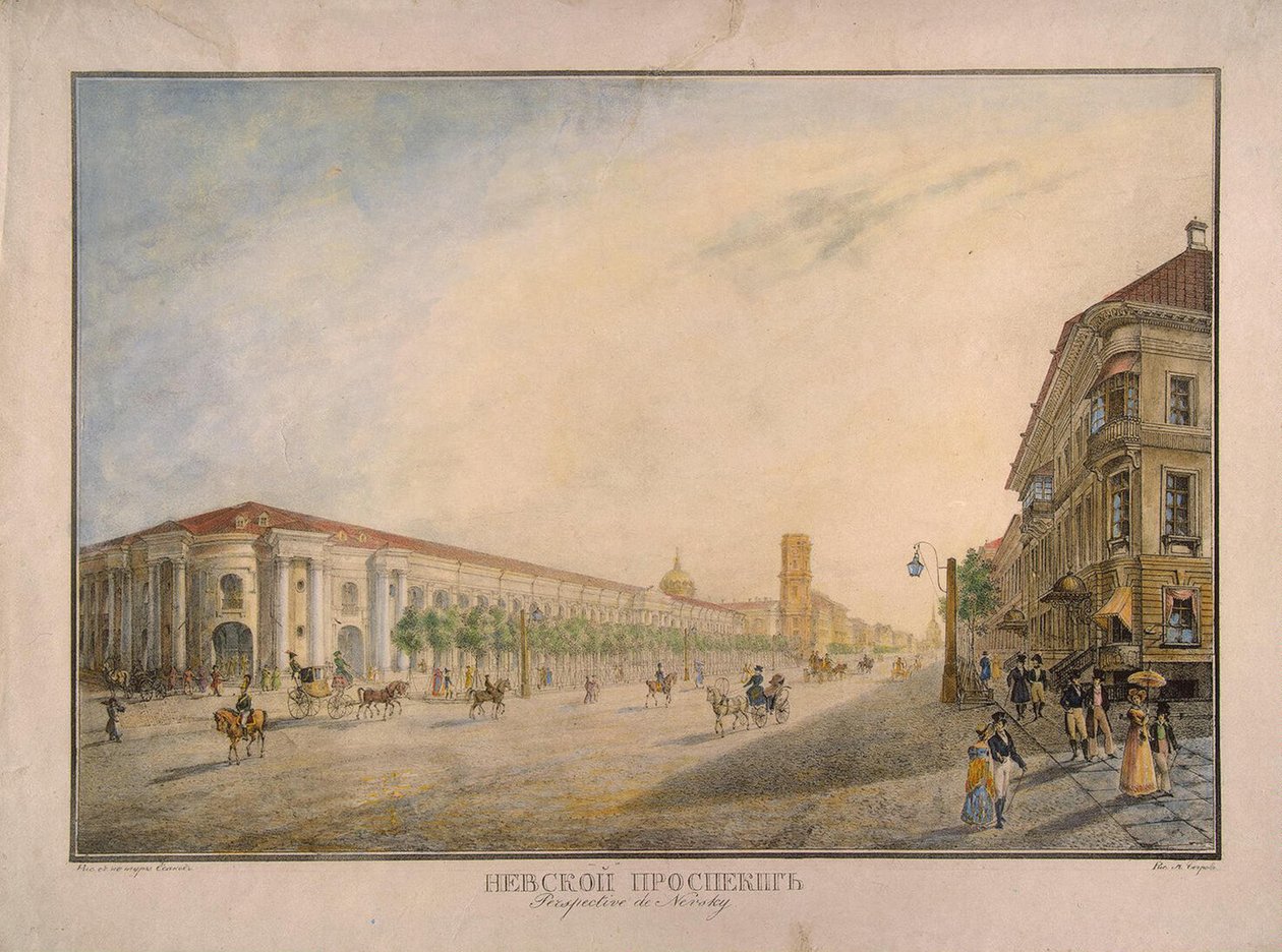 Näkymä Nevski Prospektille, lähellä Gostiny Dvoria, Pietari, 1823 tekijältä Karl Pavlovich Beggrov