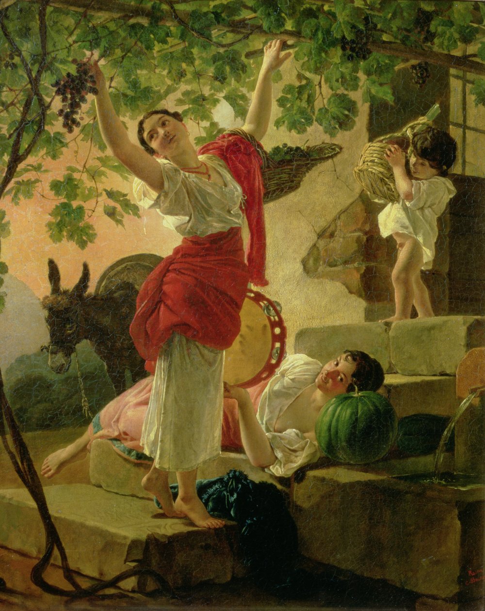 Tyttö kerää viinirypäleitä Napolin lähellä, 1827 tekijältä Karl Pavlovich Bryullov