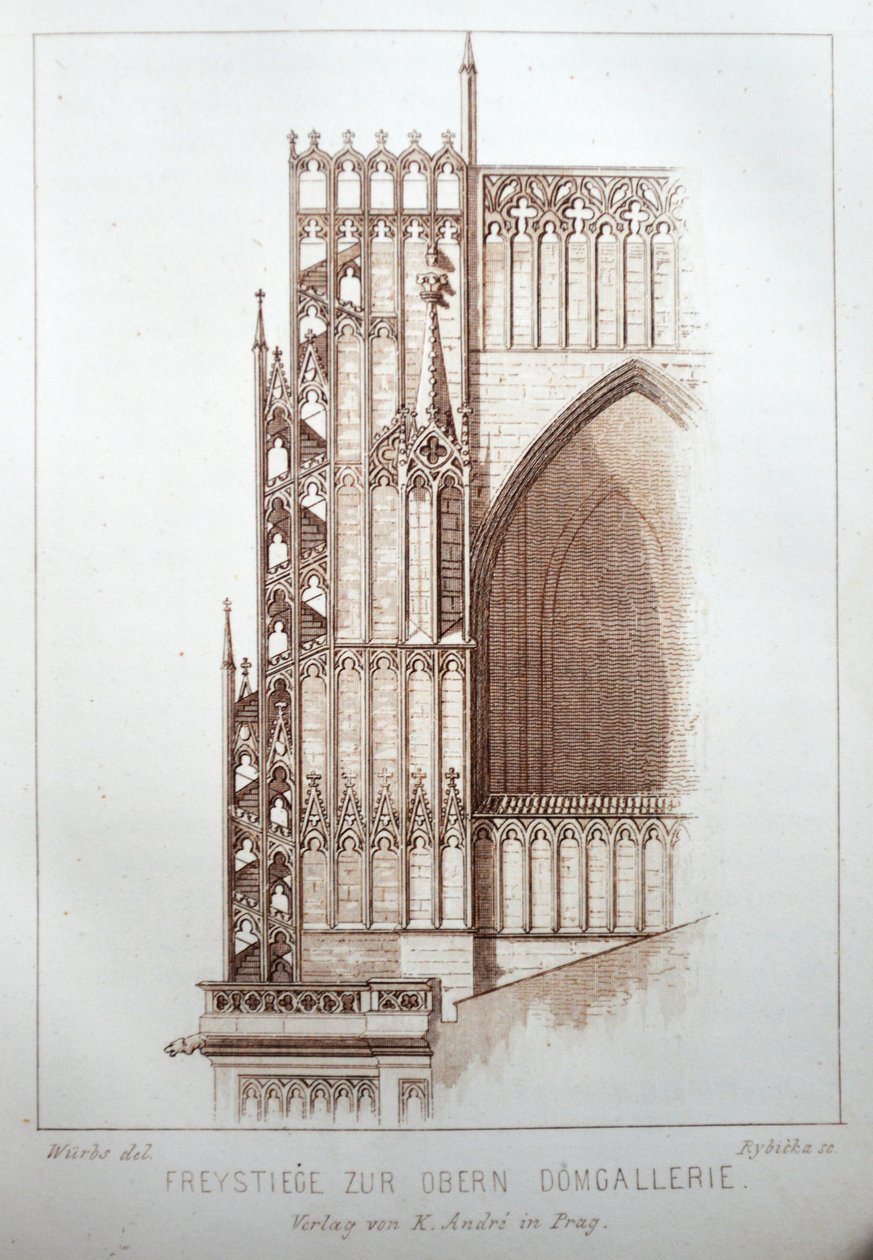 Kuvitus kirjasta Der Dom zu Prag vuodelta 1858, jossa on Pyhän Vituksen katedraalin galleria. tekijältä Karl Wurbs