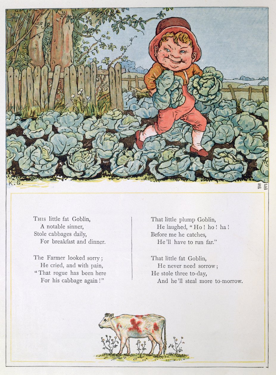 Goblin varastaa kaalia, kuvitus runoon "Ikkunan alla" tekijältä Kate Greenaway