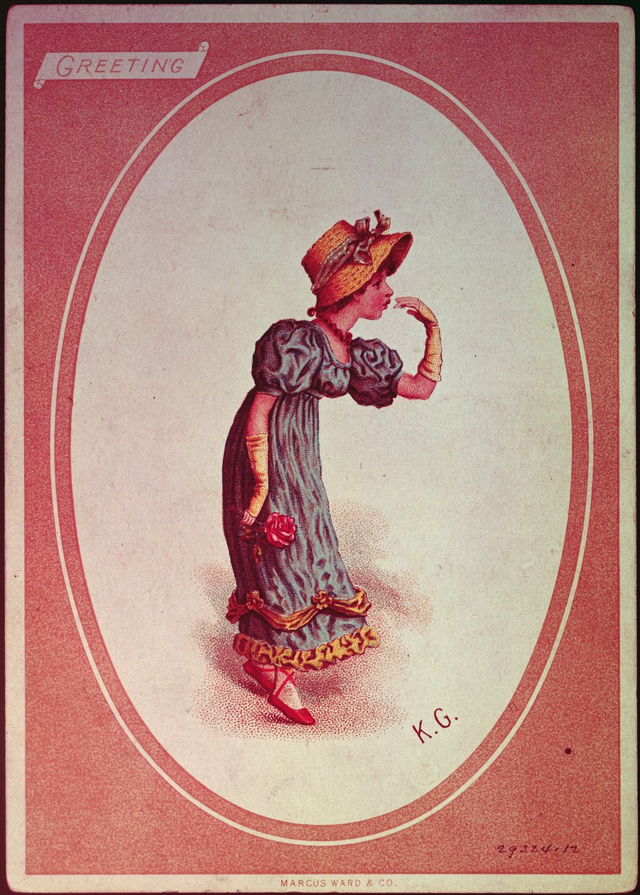 Tyttö olkipäällään (onnittelukortti) tekijältä Kate Greenaway