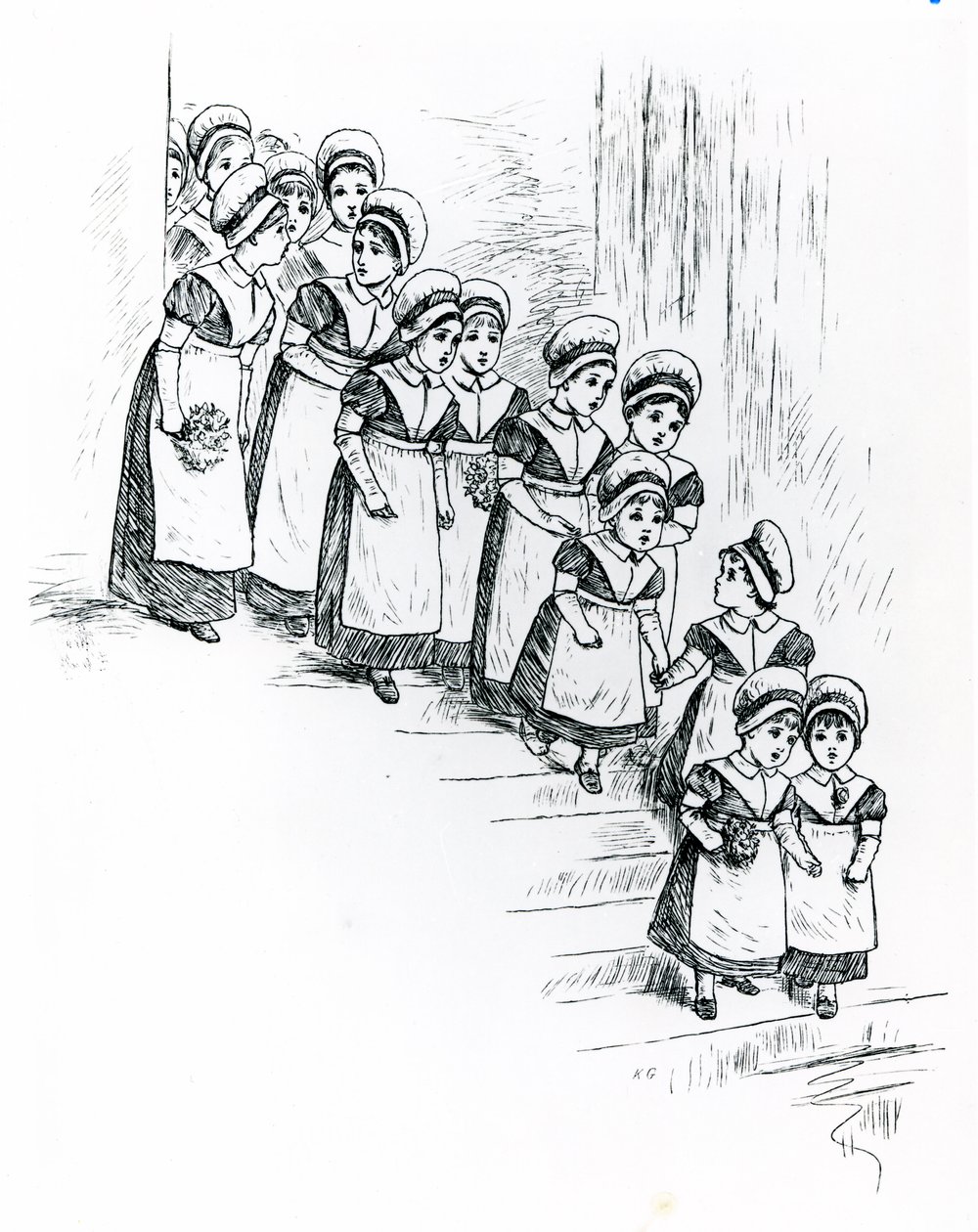 Hyväntekeväisyyslapset, n.1880 (kaiverrus) tekijältä Kate Greenaway