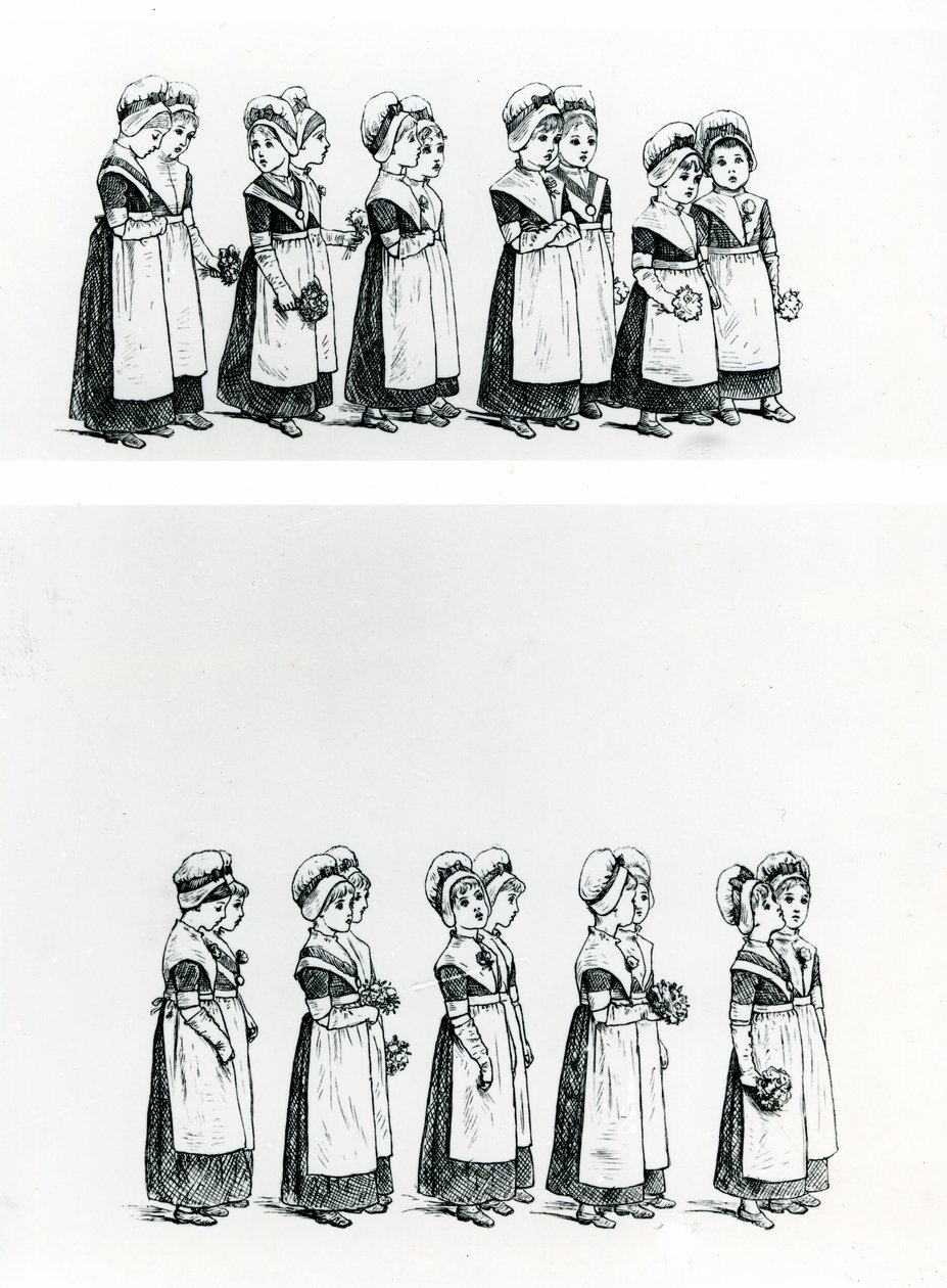 Hyväntekeväisyyslapset, n.1880 (kaiverrus) tekijältä Kate Greenaway