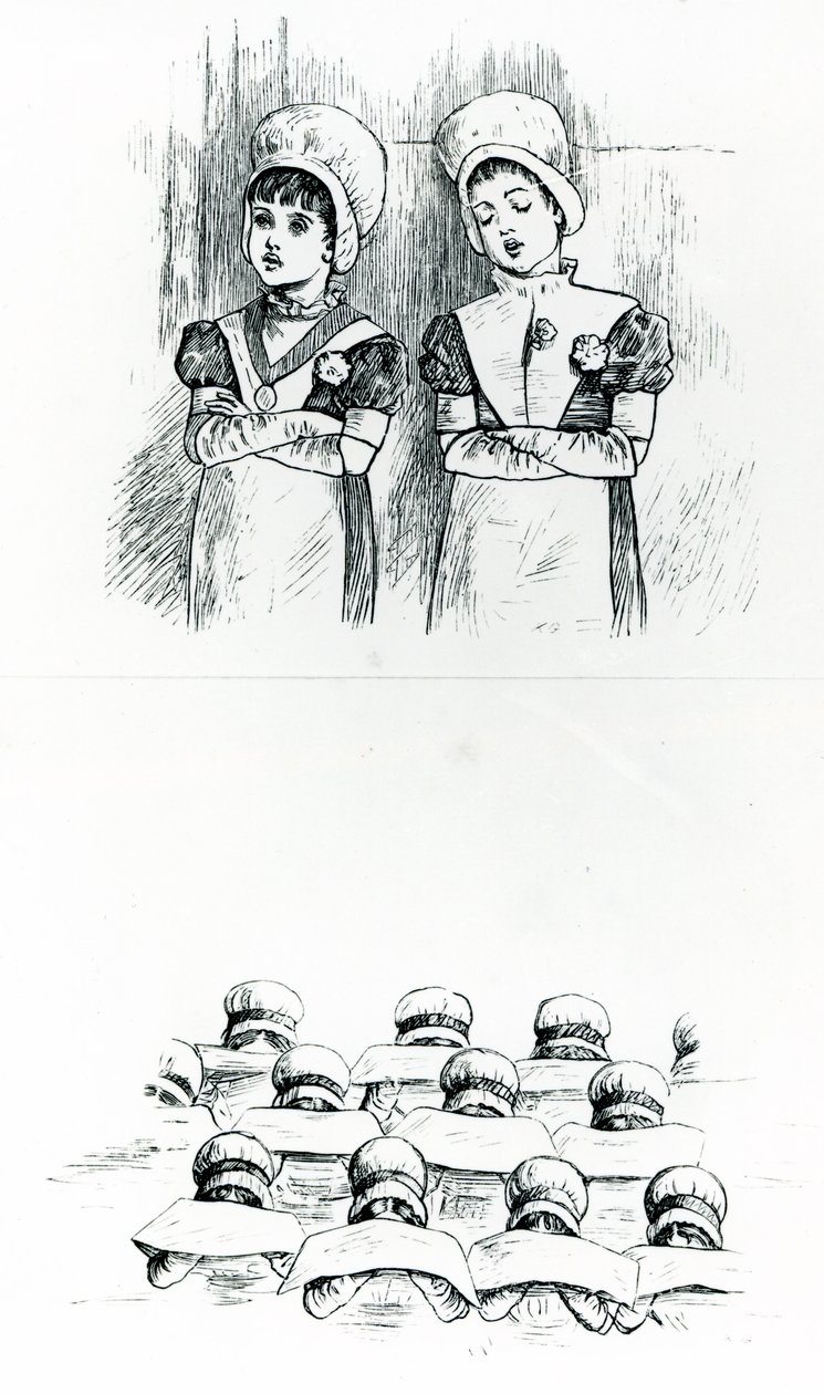 Hyväntekeväisyyslapset, n.1880 (kaiverrus) tekijältä Kate Greenaway