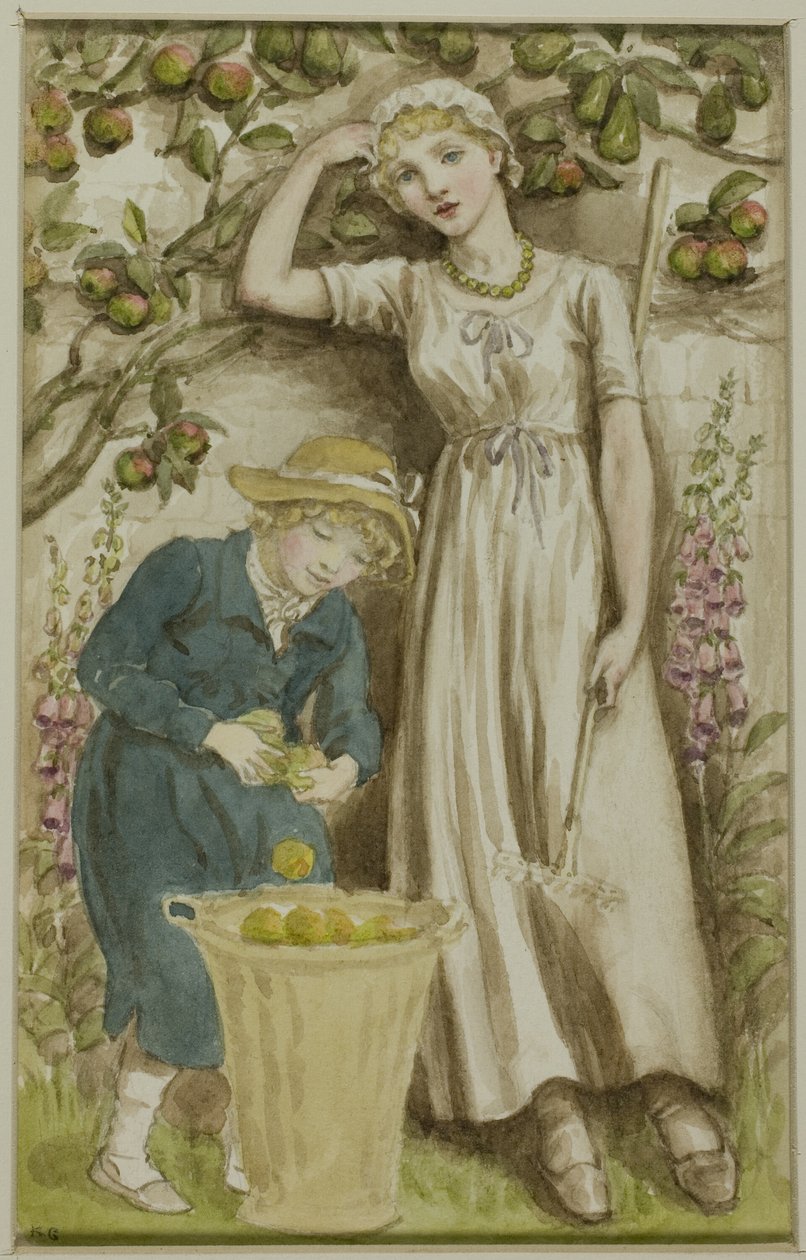 Tyttö ja poika poimimassa omenoita tekijältä Kate Greenaway
