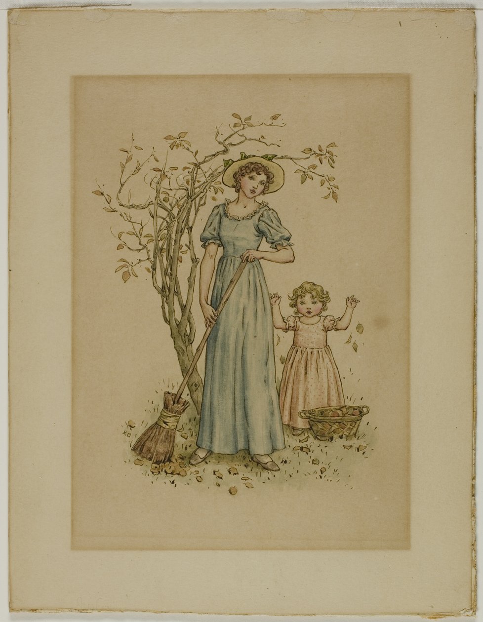 Nainen luudan ja pikkutytön kanssa tekijältä Kate Greenaway