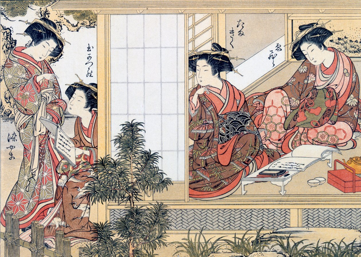Japanilaiset naiset lukevat ja kirjoittavat (värillinen puupainatus) tekijältä Katsukawa Shunsho
