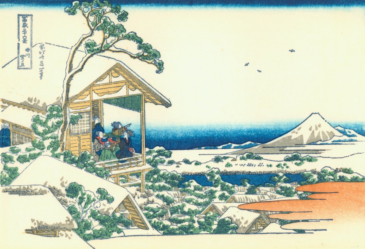 Teehuone Koishikawassa. Aamu lumisateen jälkeen tekijältä Katsushika Hokusai