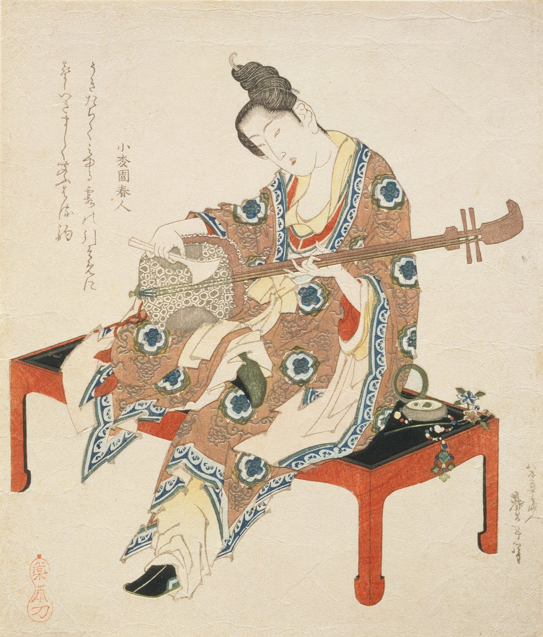 Kiinalainen kaunotar leikkii Shamisenia, n. 1833-1834 (puukiviprintti) tekijältä Katsushika II Taito
