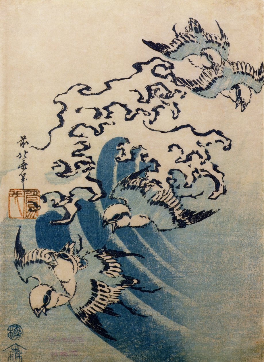 Waves and Birds, n.1825 (värillinen puupalikkaprintti) tekijältä Katsushika Hokusai