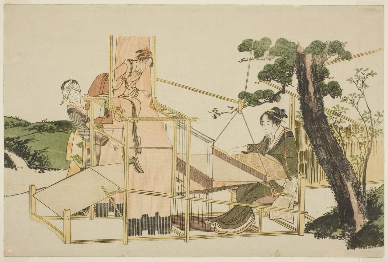 Naiset kutomassa kangaspuulla tekijältä Katsushika Hokusai