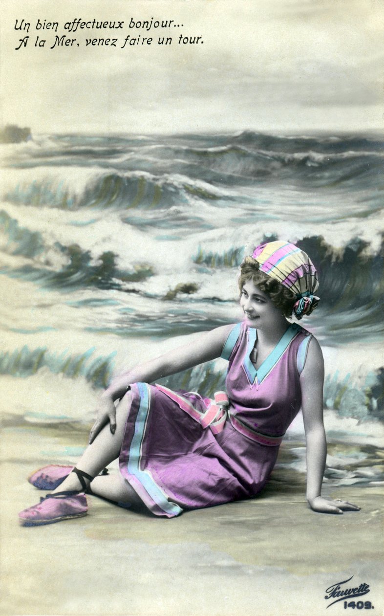 Nainen rannalla, c. 1900-luvun alku (postikortti) tekijältä Alec Hunter