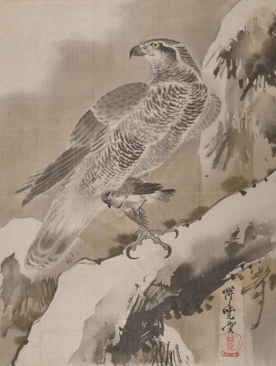 Eagle Holding Small Bird, n. 1887. tekijältä Kawanabe Kyosai