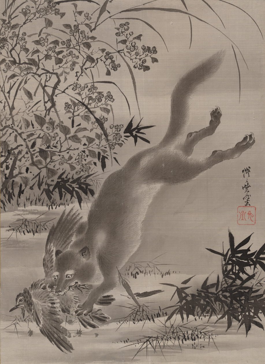 Fox Catching Bird, n. 1887. tekijältä Kawanabe Kyosai