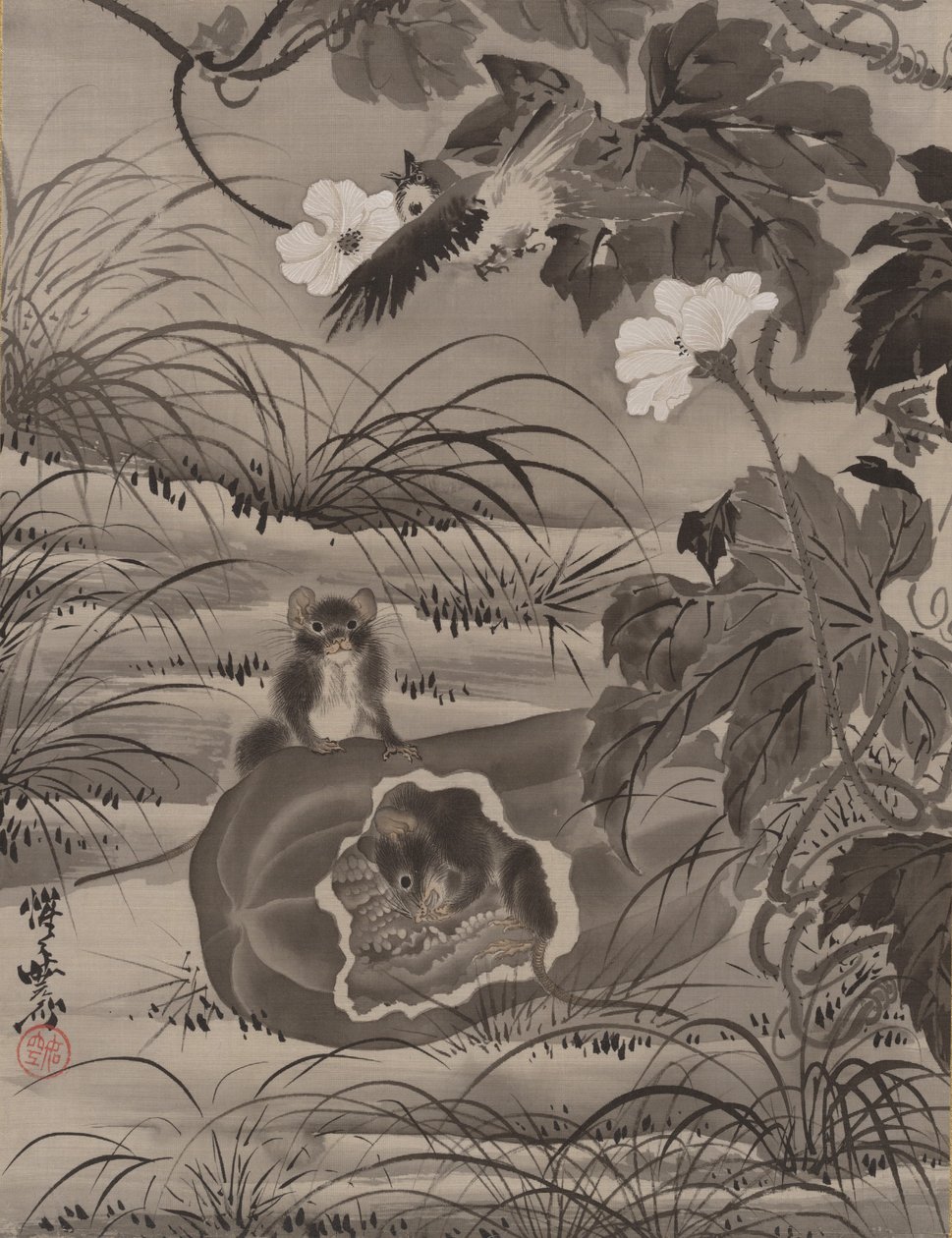 Hiiret melonissa, n. 1887. tekijältä Kawanabe Kyosai