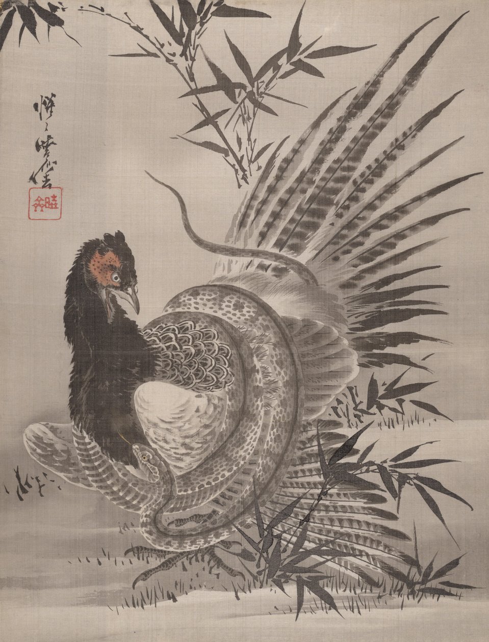 Käärmeen pyytämä fasaani, n. 1887. tekijältä Kawanabe Kyosai