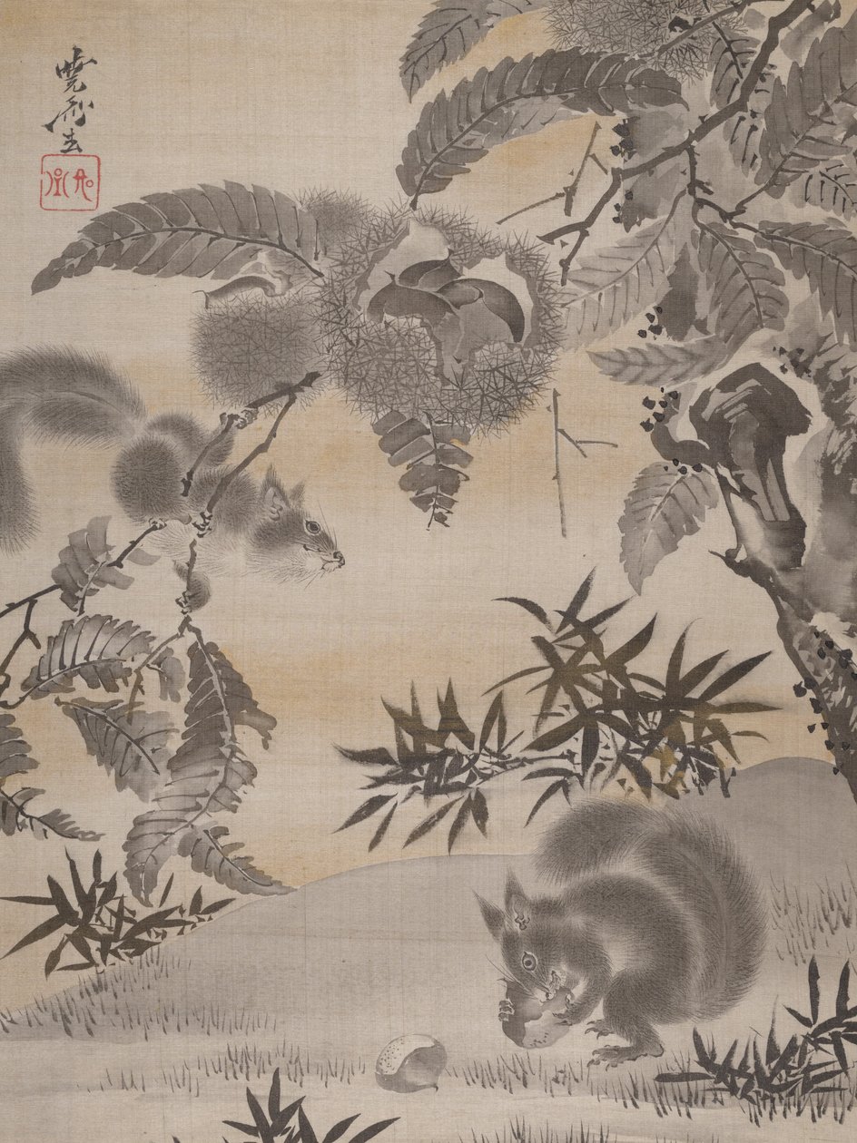 Oravat keräävät kastanjoita, n. 1887. tekijältä Kawanabe Kyosai