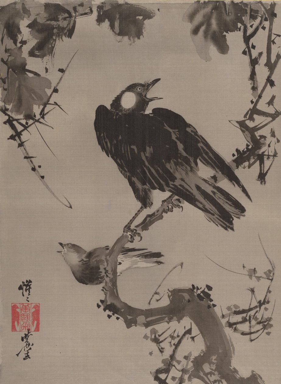 Kottaraiset oksalla, n. 1887. tekijältä Kawanabe Kyosai