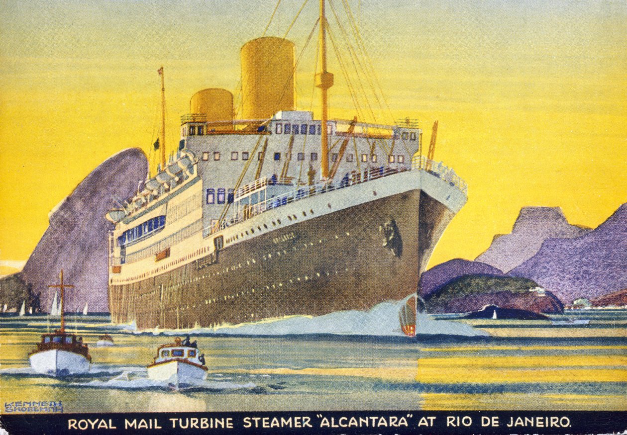 Postikortti, joka kuvaa Royal Mail Turbine Steamer -höyrylaivaa "Alcantara" Rio de Janeirossa, 1930-luku tekijältä Kenneth Shoesmith