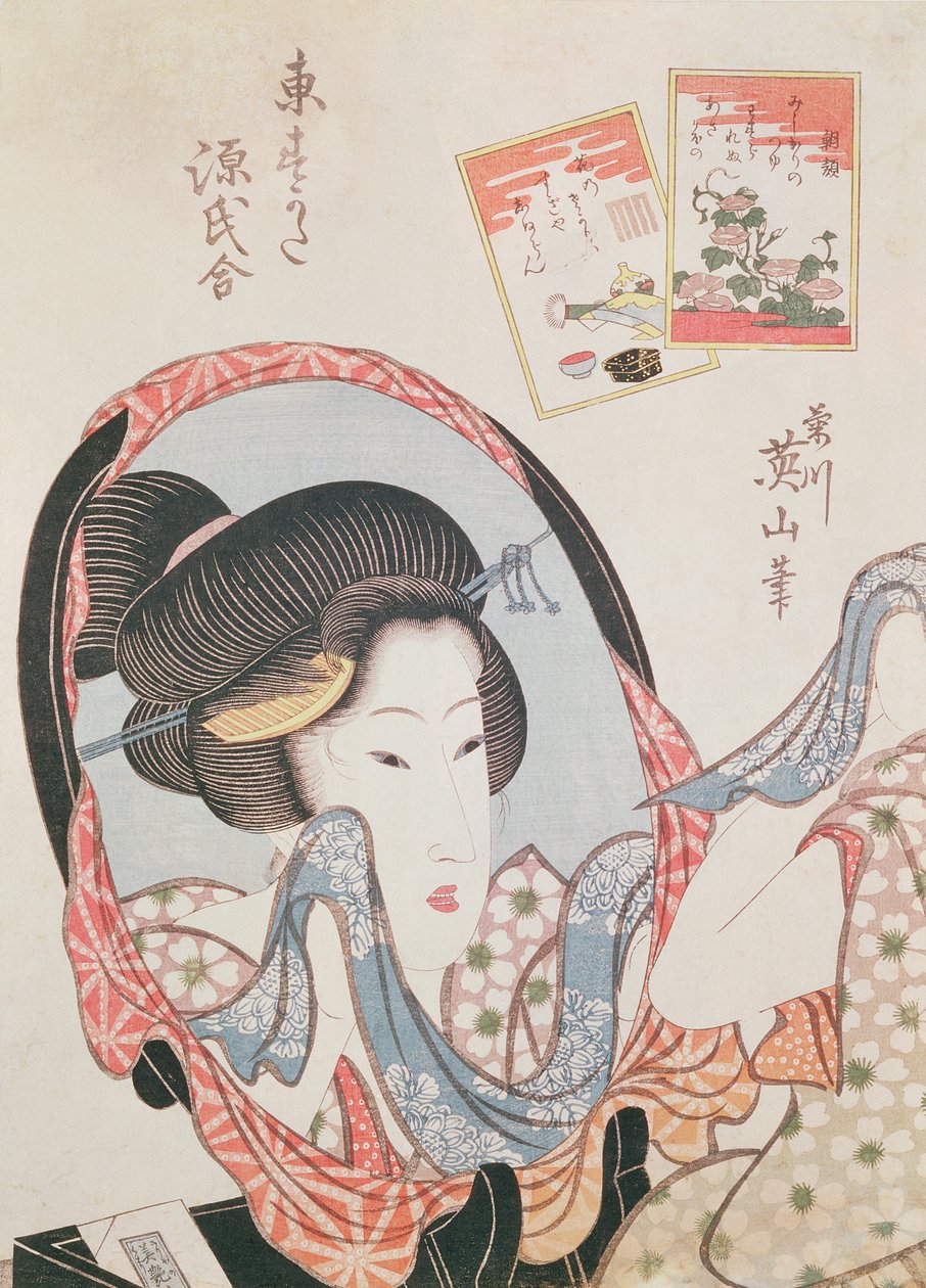 Woman at her Mirror, julkaistu n.1830 (oban-kokoinen värillinen puupalikkaprintti) tekijältä Kikukawa Eizan