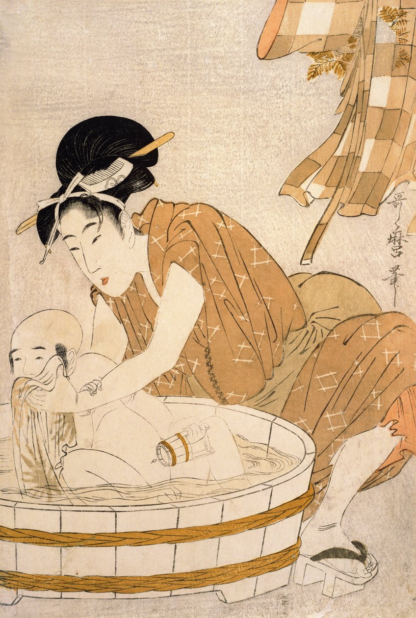 The Bath, Edo-kausi (1603-1868) (värillinen puupalikkaprintti) tekijältä Kitagawa Utamaro