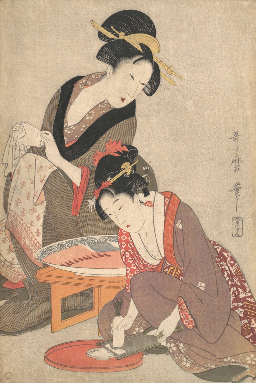 Nainen valmistelee Sashimia, n. 1806 tekijältä Kitagawa Utamaro