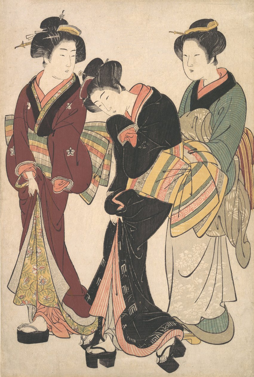 Kaksi geishaa ja piika, n. 1790. tekijältä Kitao Shigemasa
