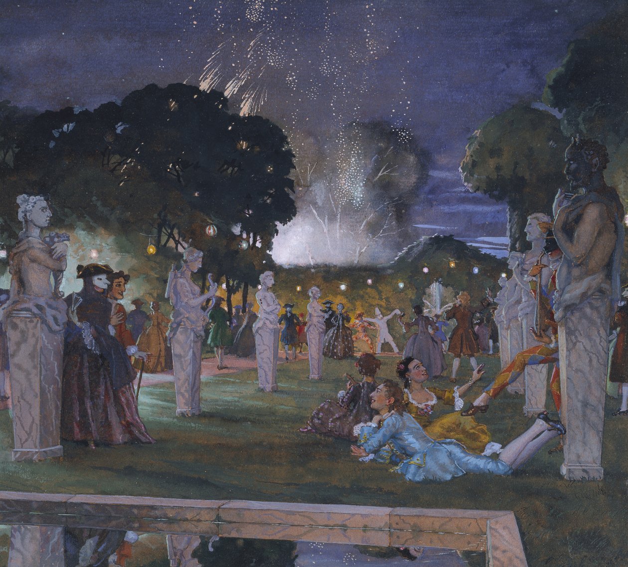 Fêtes aux environs de Venise, 1930 (Kehysväri oranssille vellapaperille) tekijältä Konstantin Andreevic Somov