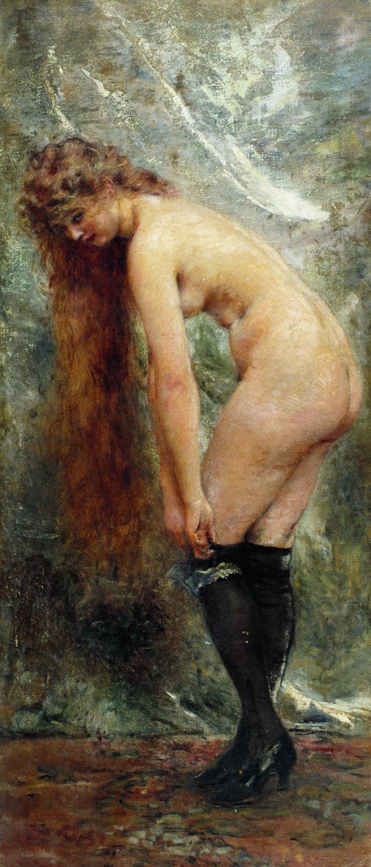 Venäläinen: "Alaston mustissa sukkahousuissa" Nude in Black Stockings tekijältä Konstantin Makovsky