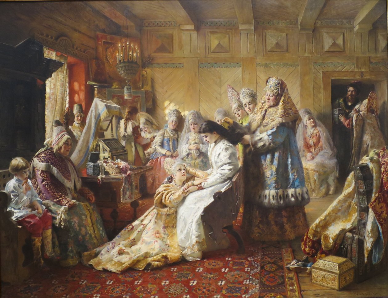Venäläisen morsiamen pukeutuminen tekijältä Konstantin Makovsky