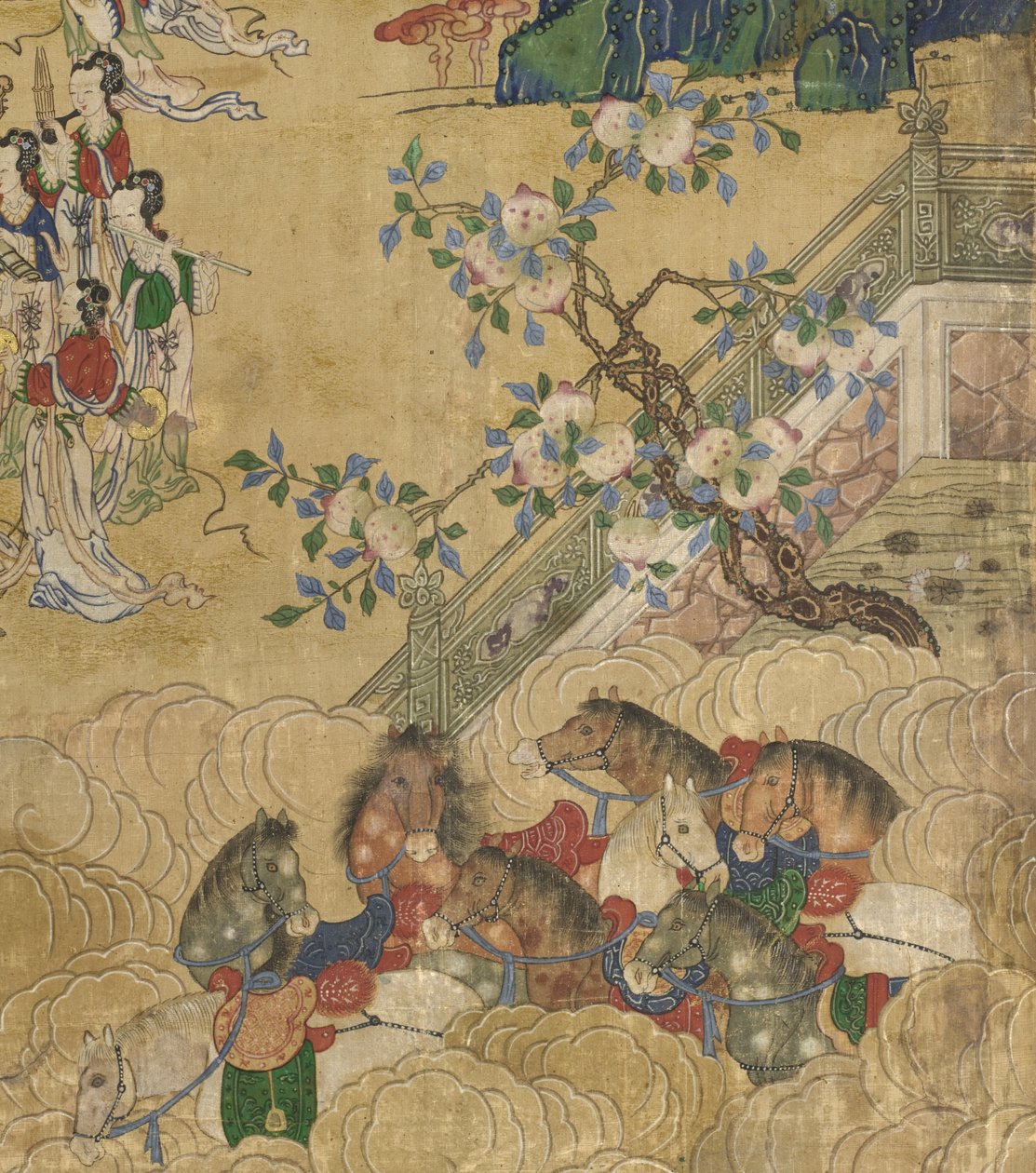 Yksityiskohta The Banquet of Seowangmo, n. 1800 (muste, väri ja kulta silkillä) tekijältä Korean School